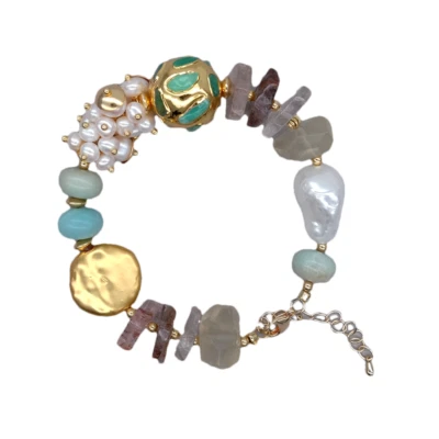 Pulsera de perlas blancas cultivadas amazonita cuarzo concha de mar perlas con cuentas Foto 1 de 4