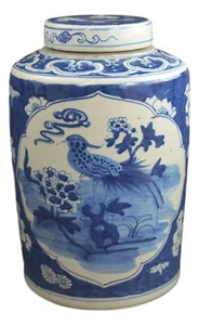 15" Antique Finish Blue and White Porcelain Bird and Flowers Ceramic Covered ... - Picture 1 of 3