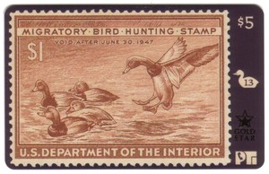 Duck Hunting Stamp Card #13 'Void After 1947' Redhead Ducks GOLD Phone card