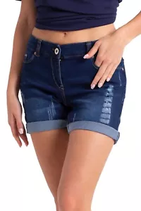 Women's Denim Shorts Rip Distressed Wash Stretch Jean Hot Pants Dark Blue - Picture 1 of 7