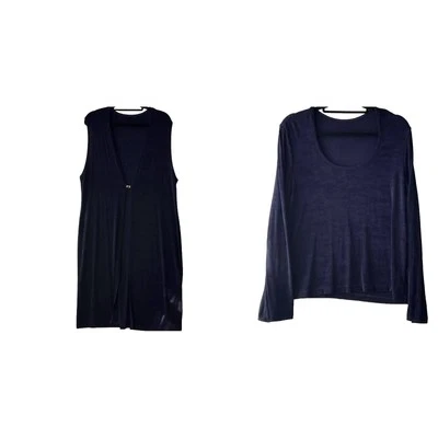  Womens Large Twin Set 2 Piece Duster W/Top Blouse Purple Slinky Travel Dressy - Image 1 of 4