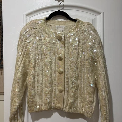 SUÉTER CARDIGÃ VINTAGE ANOS 80 "DESTINEE" MARFIM COM LANTEJOULAS PESADAS MISTURA DE LÃ TAMANHO. M - Imagem 1 de 4
