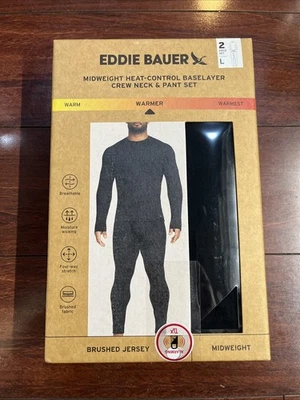2-Piece Set Eddie Bauer Midweight Base Layer Crew / Pant Set Mens Large Black - Image 1 of 4