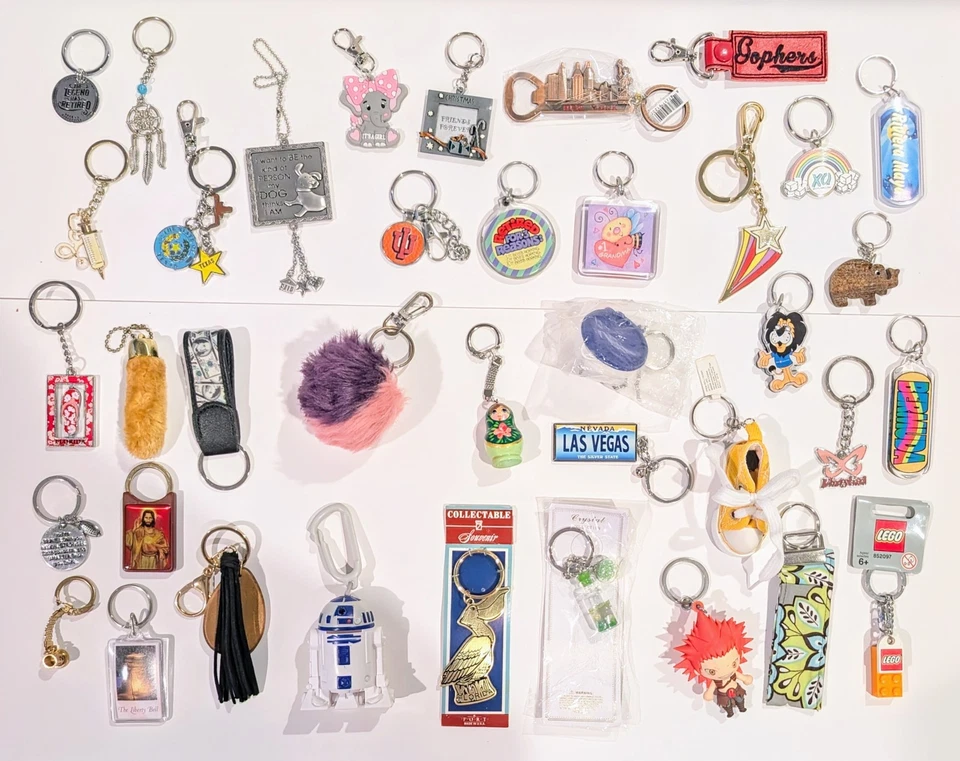 Lot/38 Key Chains Lot Includes: Mini Tupperware Bowl, Sneaker, Brass Pelican Etc - Image 1 of 1