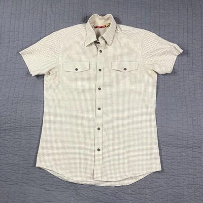 Camisa de Diversión Moderna De Colección Para Hombre Mediana Beige A Cuadros Manga Corta Botón Cuervo Foto 1 de 4