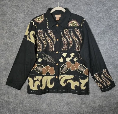 Blazer Choices by Chicos para mujer L negro marrón algodón lino cuentas artístico abotonado Foto 1 de 4