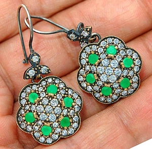 Ohrringe Osmanisches Empire Stil 4 kt behandelter Smaragd 925 Sterlingsilber S3-1 - Bild 1 von 2