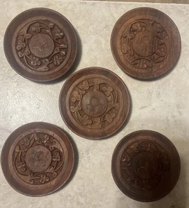 Hand Carved Wooden 5 Piece Coaster Set Made In India - Picture 1 of 8