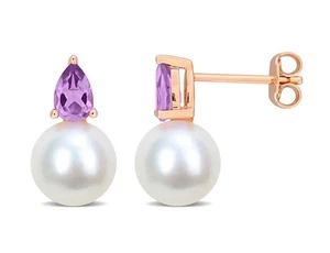 8.5-9mm Cultured Freshwater Pearl Earrings with Amethyst Sterling Silver - Picture 1 of 5