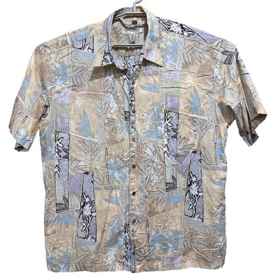 Camisa masculina havaiana Tori Richard XL marrom azul 100% algodão estampa tropical Aloha - Imagem 1 de 4