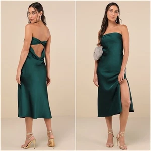 Lulus Effortless Bliss Strapless Midi Dress Small Emerald Green Satin Cowl Back - Picture 1 of 11
