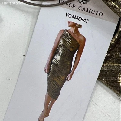 Nuevo con etiquetas Vestido Vince Camuto Dorado Metálico Acanalado Un Hombro Bodycon Para Mujer Talla 14 Foto 1 de 4