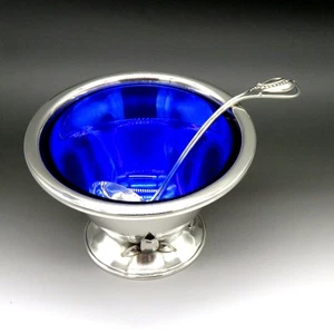 Vintage Carl Poul Petersen Sterlingsilber Kobalt Glas ausgekleidet Schale mit Schöpfkelle - Bild 1 von 9