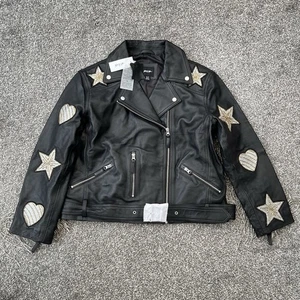 Womens Nasty Gal Star & Heart Patch Tassel Oversized Leather Jacket - UK Size 10 - Picture 1 of 14