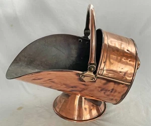 SUPERB ANTIQUE SOLID COPPER LOG BIN COAL SCUTTLE HELMET BUCKET brass vintage c - Picture 1 of 11