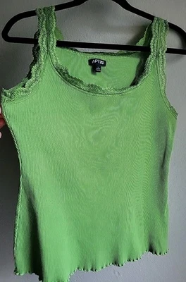 VTG APT 9 Babydoll Tank Top L Y2K Twilightcore Lace Trim Coquette Green Ribbed - Image 1 of 4