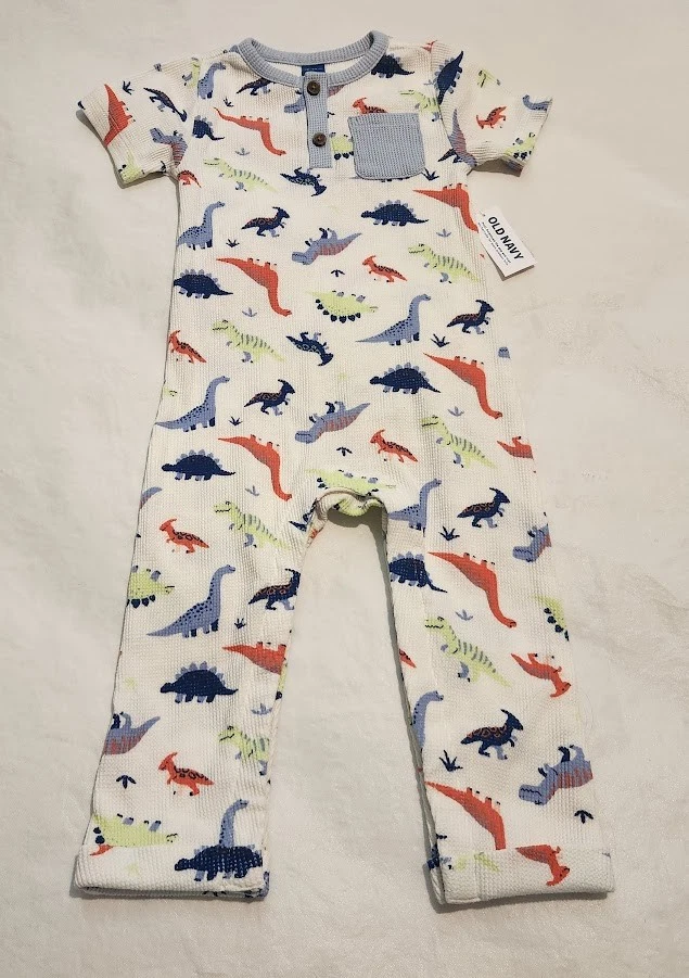 全新带标签 Old Navy 恐龙华夫格针织短袖连身裤连体裤男宝宝 — 第 1/1 张图片