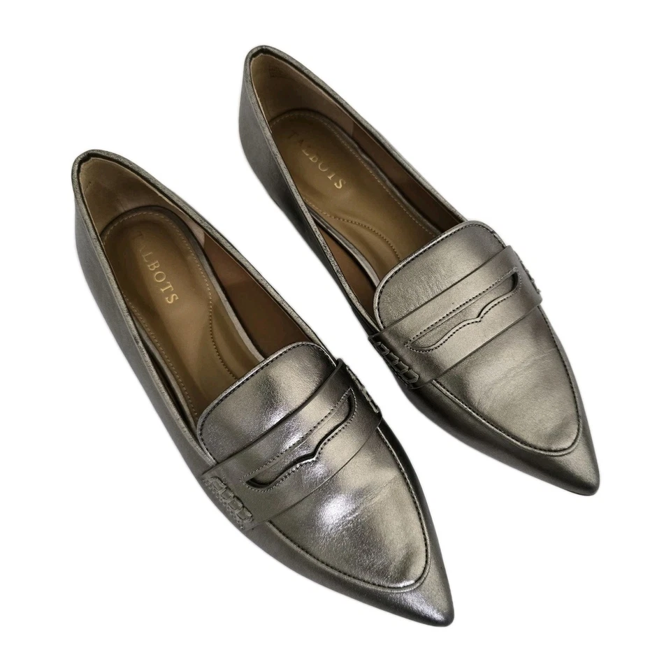 Mocasines acolchados de cuero metálico de lujo con punta escarlata TALBOTS talla 7,5 peltre Foto 1 de 4