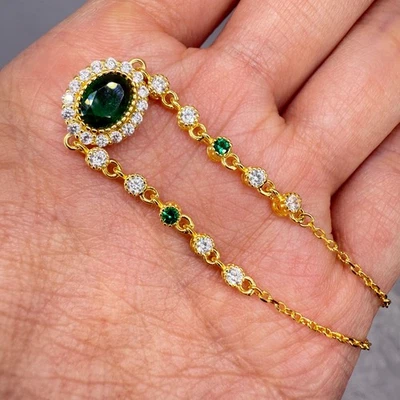 925 Sterling Silver Bracelet 7x5mm Natural Emerald Gemstone Zircon Chain Jewelry - Image 1 of 4