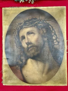 Chromolithographie religieuse XIXe Christ couronné d’épines sur toile ancienne - Photo 1/17