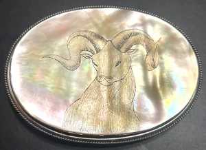 Big Horn Ram Mother Of Pearl Etched Belt Buckle - Picture 1 of 7
