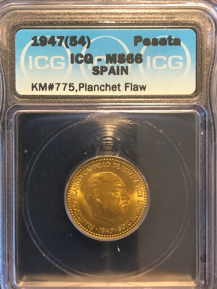 Spain 1 Peseta 1947 (54) MS66 ICG Aluminum-Bronze Coin KM #775 Planchet Flaw - Image 1 of 4