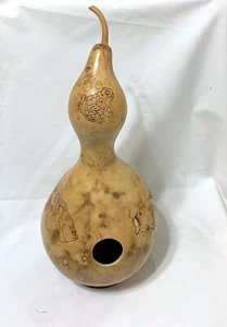 Gourd, Birdhouse, Etched with Wildlife Drawings, Varnished, w/Base 15"T x 7" W - Picture 1 of 9
