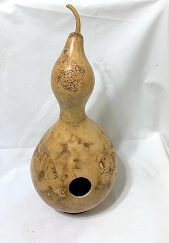 Gourd, Birdhouse, Etched with Wildlife Drawings, Varnished, w/Base 15"T x 7" W Cover