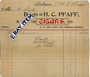 1895 Billhead BALTIMORE Maryland H.C. PFAFF Zigarren Tabak RAUCHEN Raucher - Bild 1 von 1