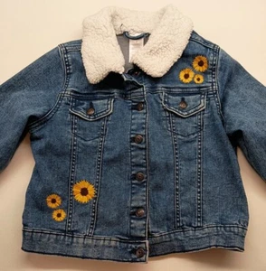 Gymboree Denim Jean Jacket Sunflowers Autumn Sun Sherpa Collar Snap Size 8 - Picture 1 of 2