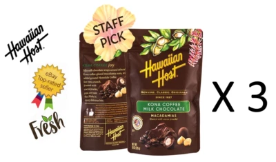 Lote de 3 HAWAIIAN HOST KONA CAFÉ LECHE CHOCOLATE MACADAMIAS 8 oz.- De Hawaii Foto 1 de 4