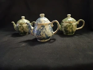 Vtg Set Of 3 Mini Teapot W/ Gold Accent Porcelain  Ornaments 2 Green 1 Blue - Picture 1 of 17