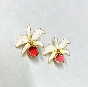 Pendientes Poste Flor Orquídea Esmalte Floral Placa Oro BLANCO/ROSA - Imagen 1 de 4