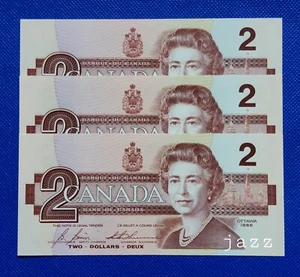 3x Billetes secuenciales de Canadá 1986 dos dólares raros viejos billetes canadienses - Imagen 1 de 2