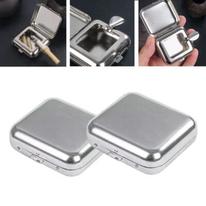 2pc Mini Ashtray Stainless Steel Pocket Ashtray W/ Lid Cigarette Ash Tray Holder - Picture 1 of 9