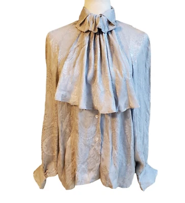 Винтажный Levante 100% чистый шелк серый пейсли рубашка блузка съемный воротник бант размер 10 - Изображение 1 из 4