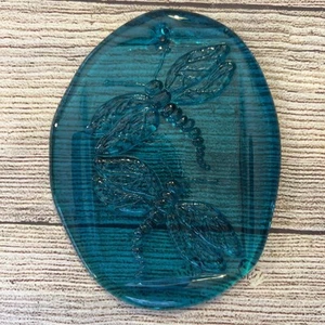 Turquoise Blue Glass Suncatcher Embossed Dragonflies 6x4.5” - Picture 1 of 6