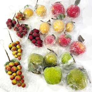 Xmas Ornaments Beaded Sugared Fruit Pear Grape Apple Lemon Peach VTG Lot of 21 - Picture 1 of 21