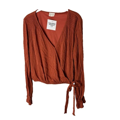 NEW Peach Love Blouse Size Large Top Long Sleeves Textured Rust Red Orange Lined - Image 1 of 4