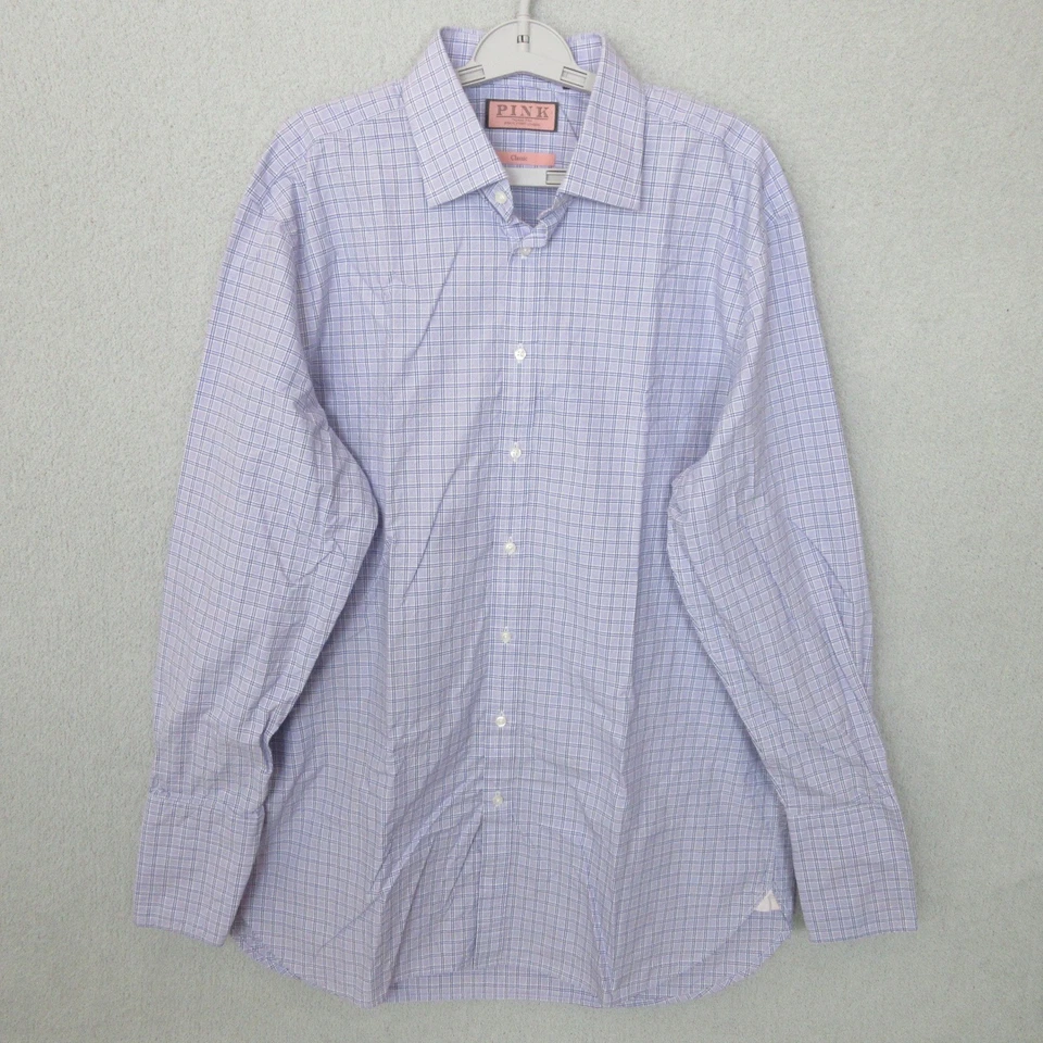 粉色 Thomas 粉红色经典合身格子正装衬衫男式 17 1/2-35 1/2 长袖 — 第 1/4 张图片