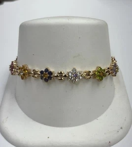 Sterling Silver Gold Overlay Colorful Gemstone Flower Bracelet 7” - Picture 1 of 8