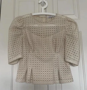 English Factory Puffärmel Schößchen Top Damen S creme Mesh Illusion strukturiert - Bild 1 von 13