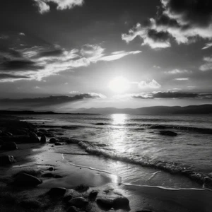 Playa y puesta de sol en blanco y negro lona arte de pared imagen estampada de lujo - Imagen 1 de 1