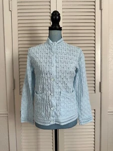 Cárdigan Suéter Vintage Eileen Encaje Tejido Azul Claro Bebé Abotonado 34" - Imagen 1 de 8