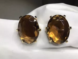 VINTAGE OVAL SMOKEY TOPAZ AMBER CRYSTAL CLIP-ON EARRINGS ~ 1 1/4” ~ GOLDTONE - Picture 1 of 6