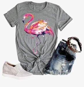Women's Short Sleeve Round Neck Loose Cute Animal Flamingo Print T-Shirt Top M - Picture 1 of 11