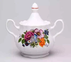 Dobrush European White Porcelain Sugar Bowl "Bouquet of flower" 18 oz. / 550 ml.