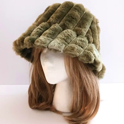 NEW Faux Fur Bucket Hat Olive Green Stripes O/S Adjustable - Image 1 of 4