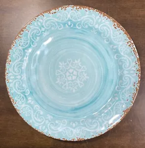 X2 Cynthia Rowley NEW!!! DINNER PLATES AQUA BLUE Swirl Medallion MELAMINE Rustic - Picture 1 of 6