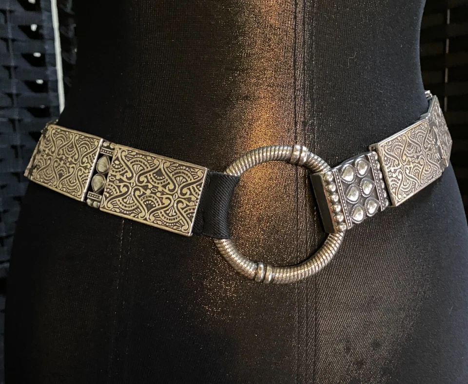 Chico's SILVER METAL Panel STRETCH BELT Medium 31" - 33" Waist Fit Boho Western - Image 1 of 4